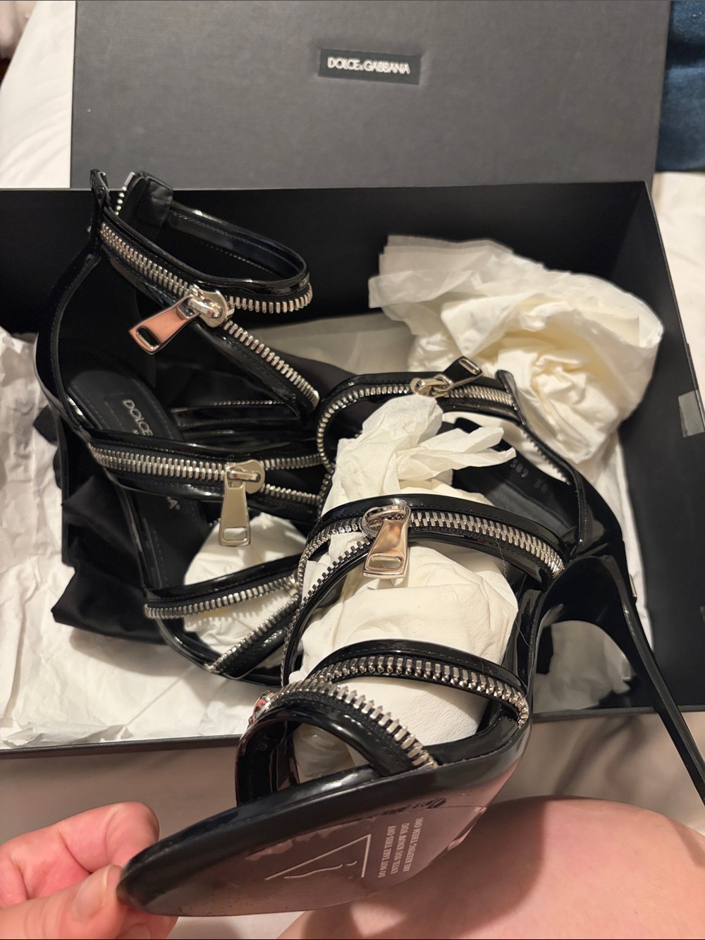Dolce & Gabbana Black Patent Zipper-Strap High Heels